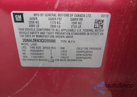 2012 Chevrolet Equinox 1Lt z USA, uszkodzony, nr VIN 2GNALDEK3C6285986